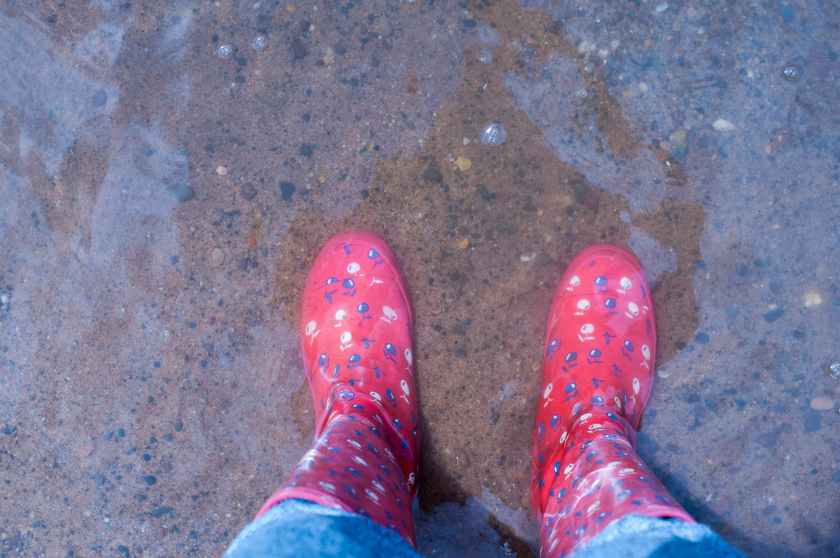 person wearing pink knee high rain boots standing on brown floor